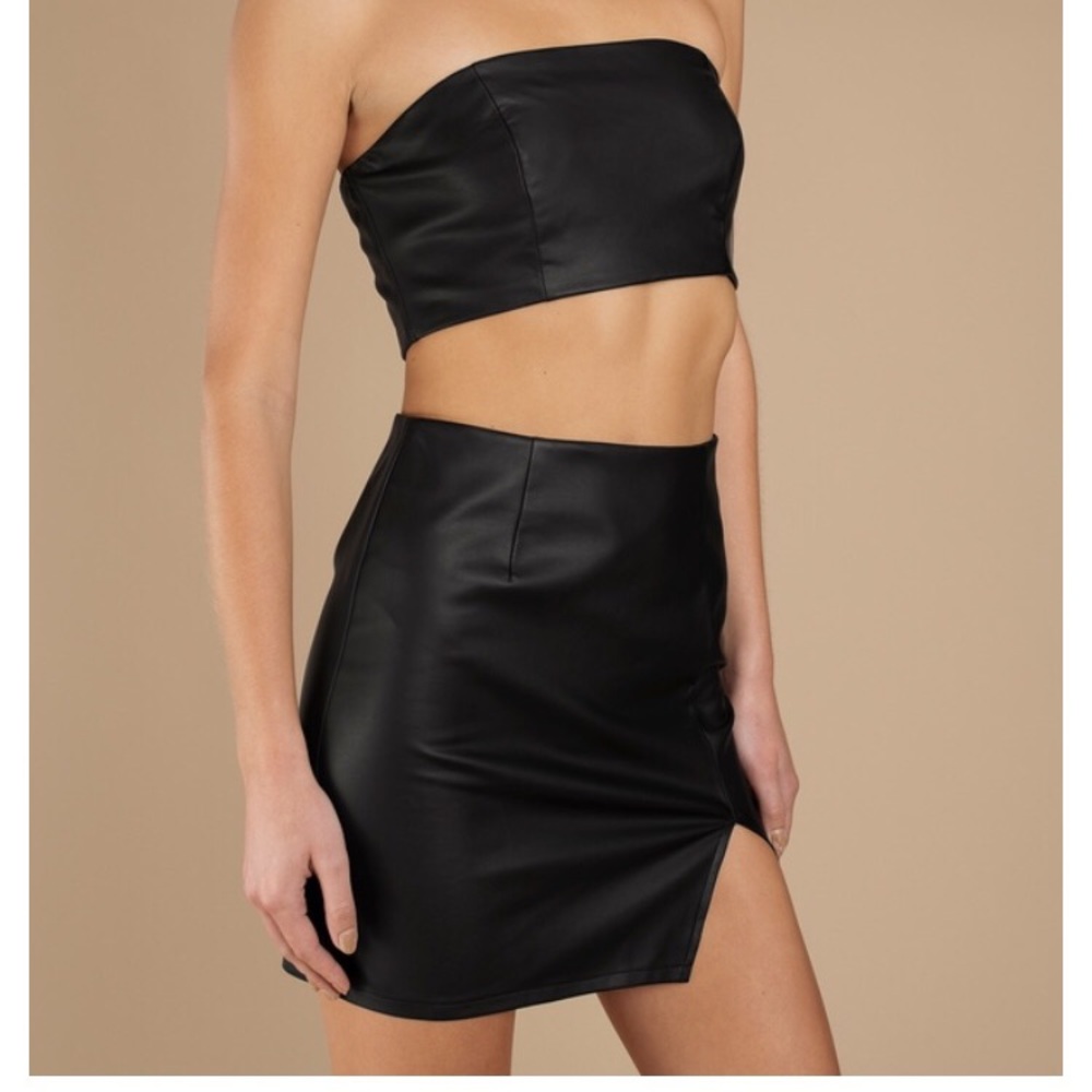 Two piece leather crop top and skirt